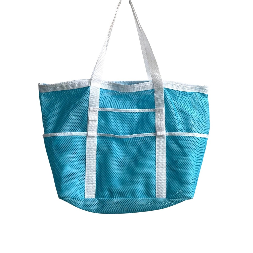 SRISE Mesh Beach Tote Bag Unisex Large Turquoise Blue Summer Vacation Pockets‎